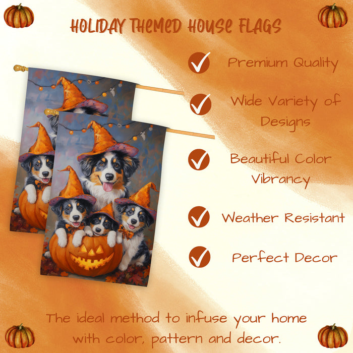 Australian Shepherd Halloween Witch House Flag Fall Pumpkin Yard Decoration Outdoor Farmhouse Porch Decor for Holiday and Autumn Seasonal Display