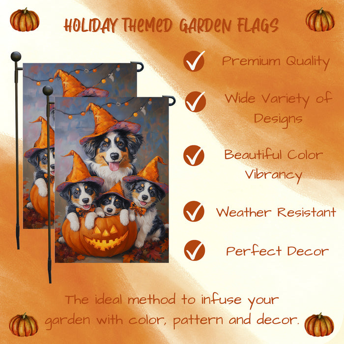 Australian Shepherd Halloween Witch Garden Flag Outdoor Spooky Pumpkin Welcome Front Porch Decorations for Home Scary Seasonal Yard Sign
