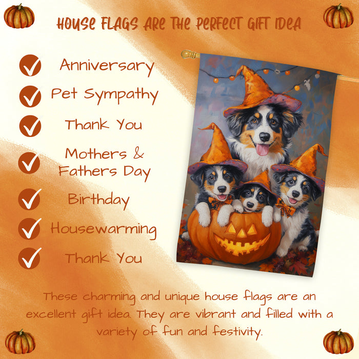 Australian Shepherd Halloween Witch House Flag Fall Pumpkin Yard Decoration Outdoor Farmhouse Porch Decor for Holiday and Autumn Seasonal Display