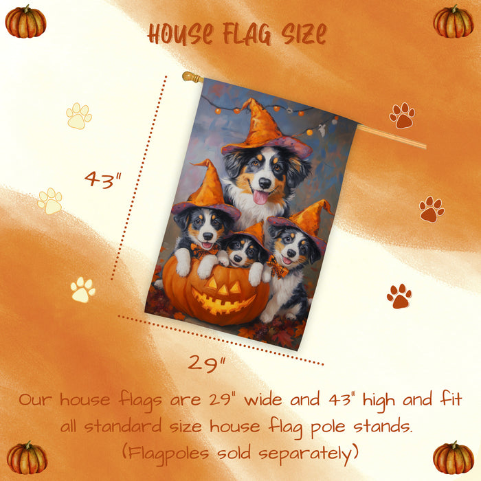 Australian Shepherd Halloween Witch House Flag Fall Pumpkin Yard Decoration Outdoor Farmhouse Porch Decor for Holiday and Autumn Seasonal Display