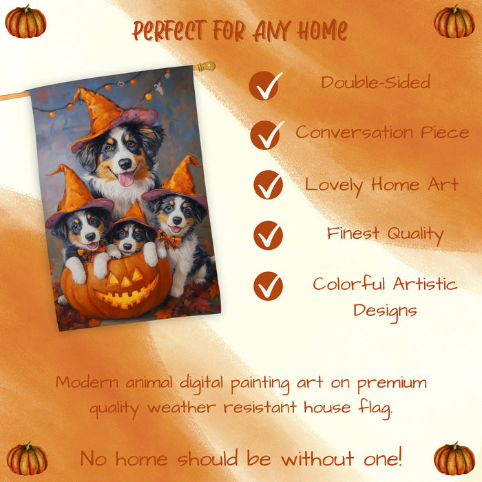 Australian Shepherd Halloween Witch House Flag Fall Pumpkin Yard Decoration Outdoor Farmhouse Porch Decor for Holiday and Autumn Seasonal Display