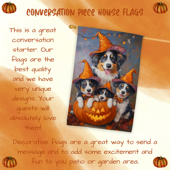 Australian Shepherd Halloween Witch House Flag Fall Pumpkin Yard Decoration Outdoor Farmhouse Porch Decor for Holiday and Autumn Seasonal Display