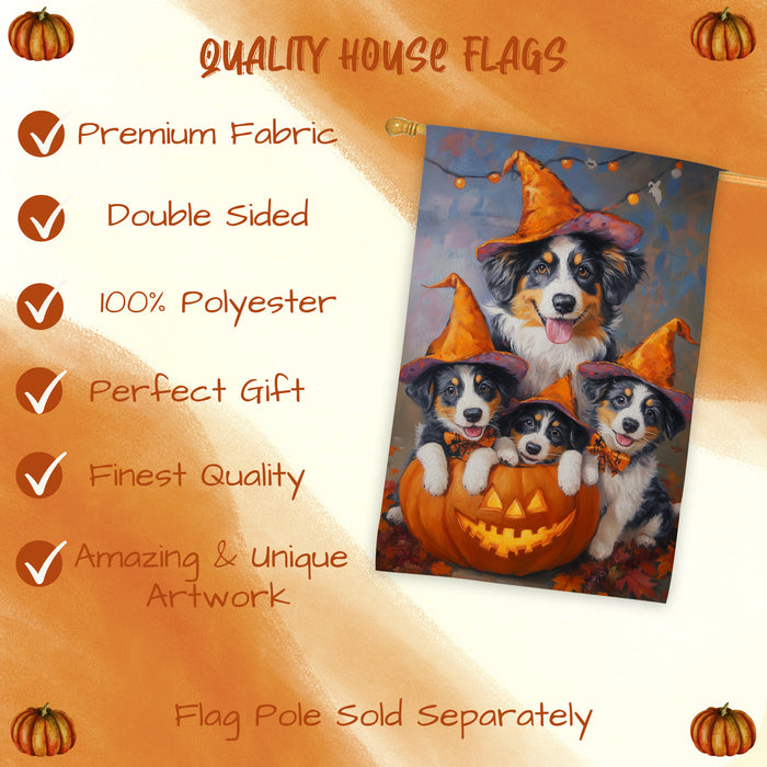Australian Shepherd Halloween Witch House Flag Fall Pumpkin Yard Decoration Outdoor Farmhouse Porch Decor for Holiday and Autumn Seasonal Display