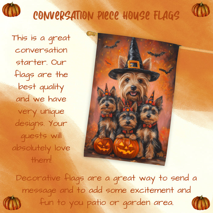 Australian Terrier Pumpkin Witch Hat Halloween House Flag Fall Yard Decoration Outdoor Farmhouse Porch Decor for Autumn and Thanksgiving Holiday Display