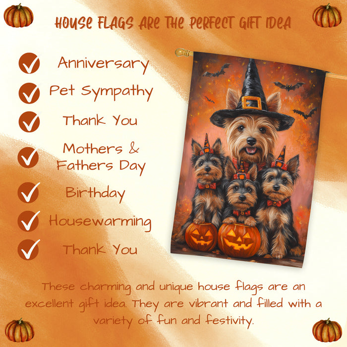 Australian Terrier Pumpkin Witch Hat Halloween House Flag Fall Yard Decoration Outdoor Farmhouse Porch Decor for Autumn and Thanksgiving Holiday Display