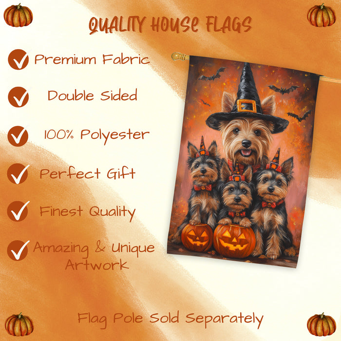 Australian Terrier Pumpkin Witch Hat Halloween House Flag Fall Yard Decoration Outdoor Farmhouse Porch Decor for Autumn and Thanksgiving Holiday Display