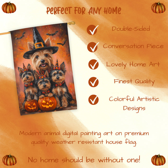 Australian Terrier Pumpkin Witch Hat Halloween House Flag Fall Yard Decoration Outdoor Farmhouse Porch Decor for Autumn and Thanksgiving Holiday Display