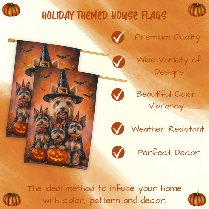 Australian Terrier Pumpkin Witch Hat Halloween House Flag Fall Yard Decoration Outdoor Farmhouse Porch Decor for Autumn and Thanksgiving Holiday Display