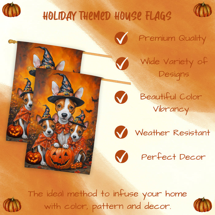 Basenji Dog Pumpkin Witch Hat Halloween House Flag Fall Yard Decoration Outdoor Farmhouse Porch Decor for Autumn Thanksgiving and Holiday Display