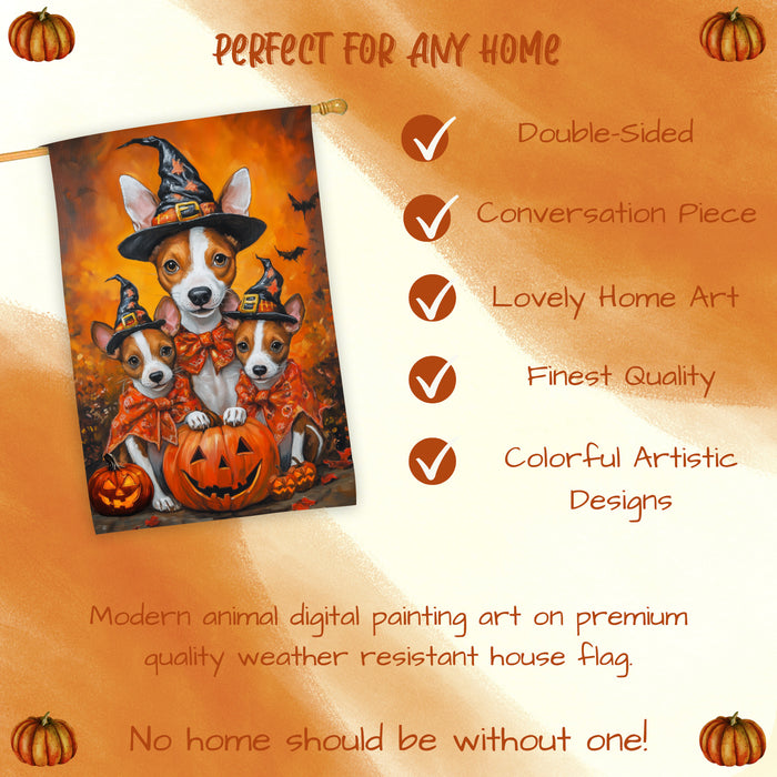 Basenji Dog Pumpkin Witch Hat Halloween House Flag Fall Yard Decoration Outdoor Farmhouse Porch Decor for Autumn Thanksgiving and Holiday Display