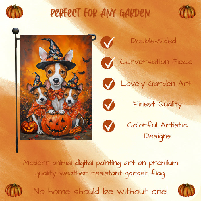 Basenji Dog Autumn Pumpkin Rustic Garden Flag Outdoor Home Decor Lawn Event Party Decorations Halloween Witch Hat Dog Themed Yard Flag for Grandmas Patio