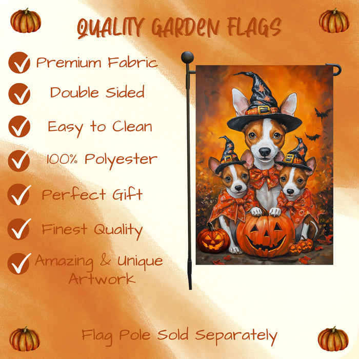 Basenji Dog Autumn Pumpkin Rustic Garden Flag Outdoor Home Decor Lawn Event Party Decorations Halloween Witch Hat Dog Themed Yard Flag for Grandmas Patio