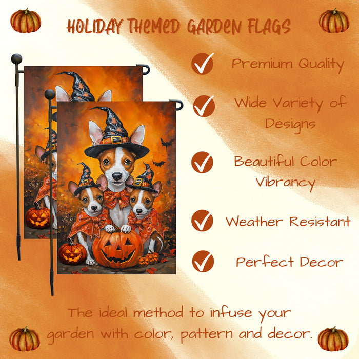 Basenji Dog Autumn Pumpkin Rustic Garden Flag Outdoor Home Decor Lawn Event Party Decorations Halloween Witch Hat Dog Themed Yard Flag for Grandmas Patio