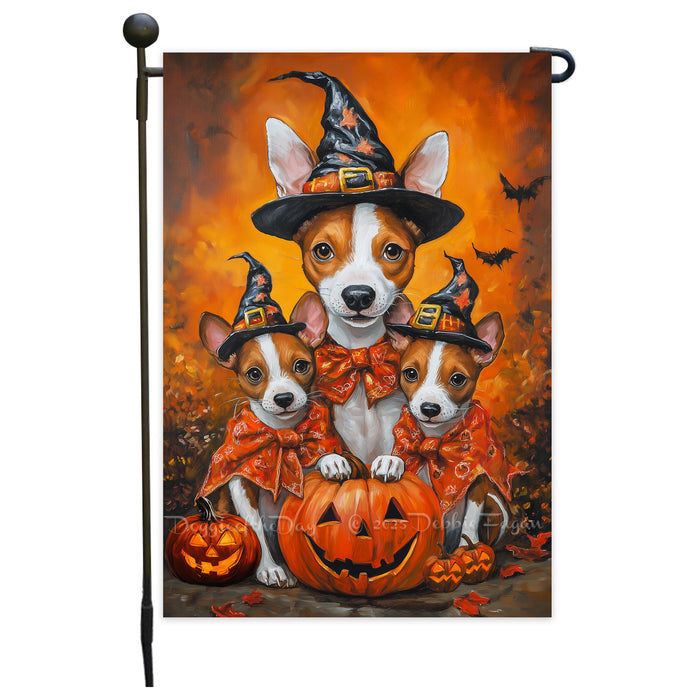 Basenji Dog Autumn Pumpkin Rustic Garden Flag Outdoor Home Decor Lawn Event Party Decorations Halloween Witch Hat Dog Themed Yard Flag for Grandmas Patio