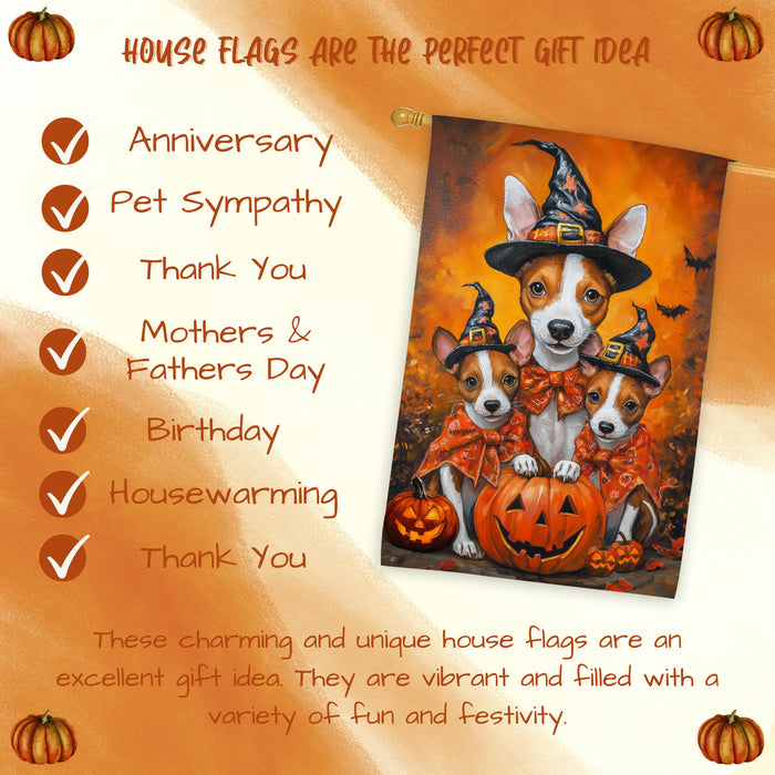 Basenji Dog Pumpkin Witch Hat Halloween House Flag Fall Yard Decoration Outdoor Farmhouse Porch Decor for Autumn Thanksgiving and Holiday Display