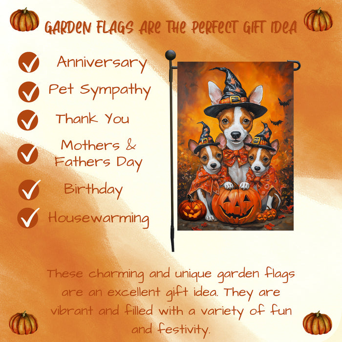 Basenji Dog Autumn Pumpkin Rustic Garden Flag Outdoor Home Decor Lawn Event Party Decorations Halloween Witch Hat Dog Themed Yard Flag for Grandmas Patio