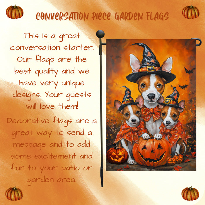 Basenji Dog Autumn Pumpkin Rustic Garden Flag Outdoor Home Decor Lawn Event Party Decorations Halloween Witch Hat Dog Themed Yard Flag for Grandmas Patio