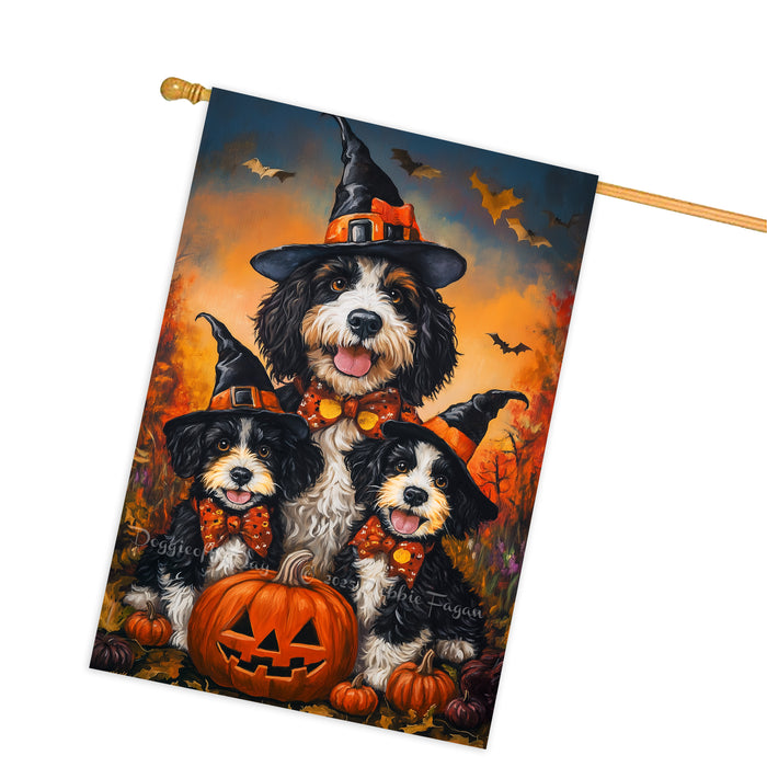 Bernedoodle Dog Halloween Witch Hat House Flag Fall Pumpkin Yard Decoration Outdoor Farmhouse Porch Decor for Autumn Harvest and Holiday Display