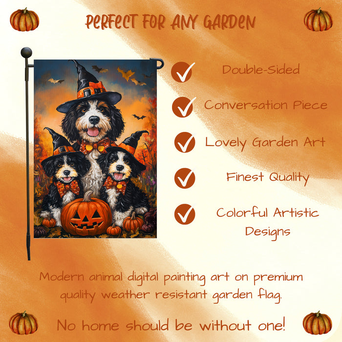 Witch Hat Bernedoodle Dog Halloween Pumpkin Castle Jack O Lantern Garden Flag for Outside Spider Web Bats Yard Flag for Harvest Farmhouse Fall Yard Mailbox Decoration