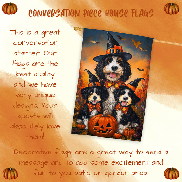 Bernedoodle Dog Halloween Witch Hat House Flag Fall Pumpkin Yard Decoration Outdoor Farmhouse Porch Decor for Autumn Harvest and Holiday Display