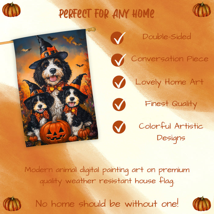 Bernedoodle Dog Halloween Witch Hat House Flag Fall Pumpkin Yard Decoration Outdoor Farmhouse Porch Decor for Autumn Harvest and Holiday Display