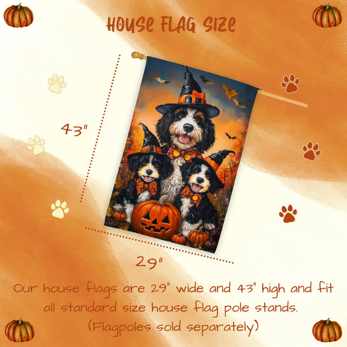 Bernedoodle Dog Halloween Witch Hat House Flag Fall Pumpkin Yard Decoration Outdoor Farmhouse Porch Decor for Autumn Harvest and Holiday Display