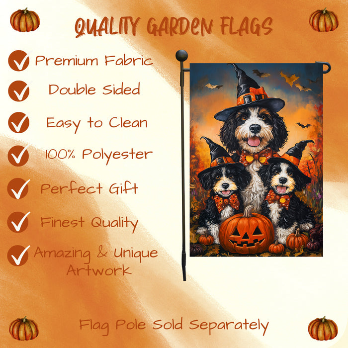 Witch Hat Bernedoodle Dog Halloween Pumpkin Castle Jack O Lantern Garden Flag for Outside Spider Web Bats Yard Flag for Harvest Farmhouse Fall Yard Mailbox Decoration