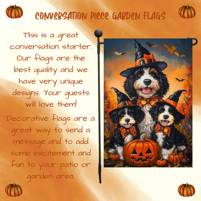 Witch Hat Bernedoodle Dog Halloween Pumpkin Castle Jack O Lantern Garden Flag for Outside Spider Web Bats Yard Flag for Harvest Farmhouse Fall Yard Mailbox Decoration