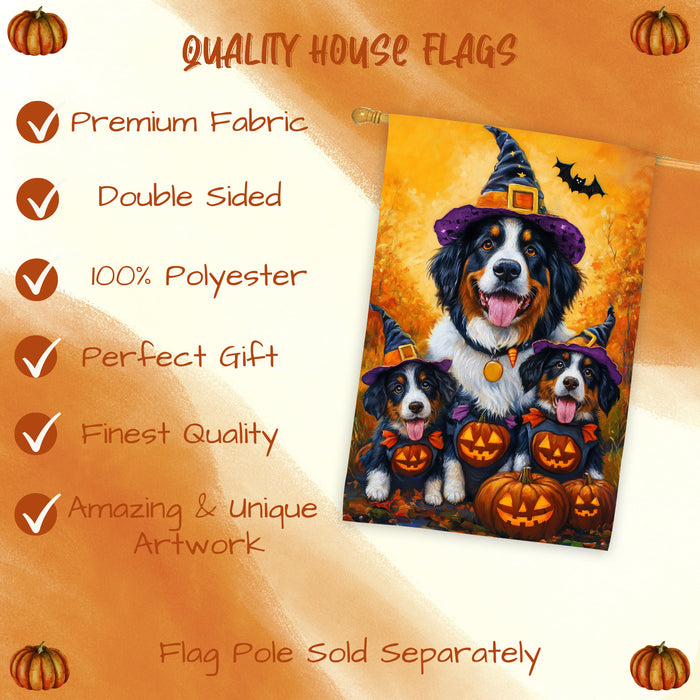 Bernese Mountain Dog Halloween Witch Hat House Flag Fall Pumpkin Yard Decoration Outdoor Farmhouse Porch Decor for Autumn Thanksgiving and Holiday Display