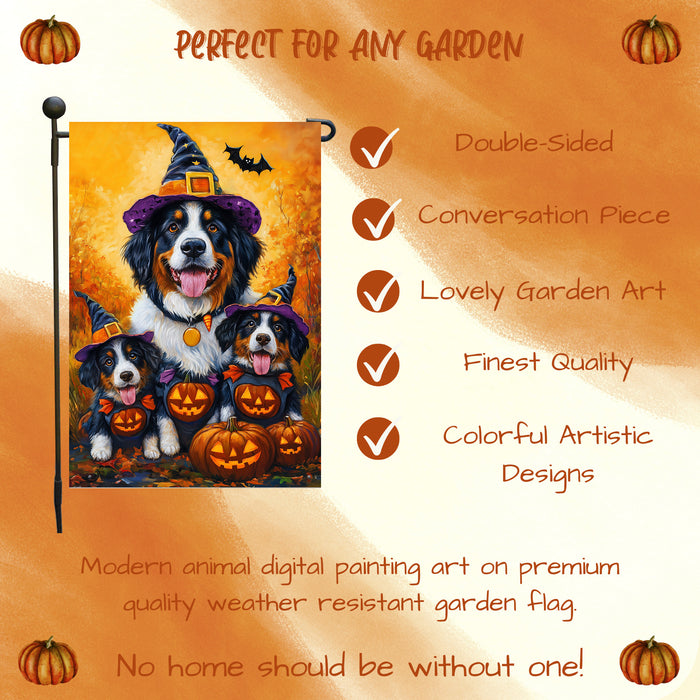 Bernese Mountain Dog Yard Flags Seasonal Thanksgiving Farmhouse Halloween Flag with Witch Hats Pumpkins Garden Flag for Spooky Outdoor Decor