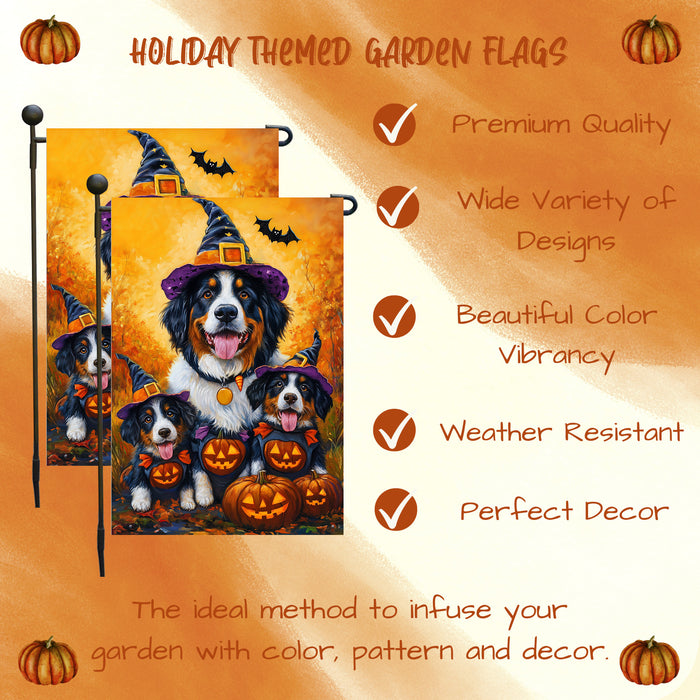 Bernese Mountain Dog Yard Flags Seasonal Thanksgiving Farmhouse Halloween Flag with Witch Hats Pumpkins Garden Flag for Spooky Outdoor Decor