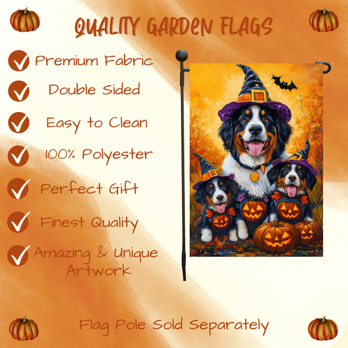 Bernese Mountain Dog Yard Flags Seasonal Thanksgiving Farmhouse Halloween Flag with Witch Hats Pumpkins Garden Flag for Spooky Outdoor Decor