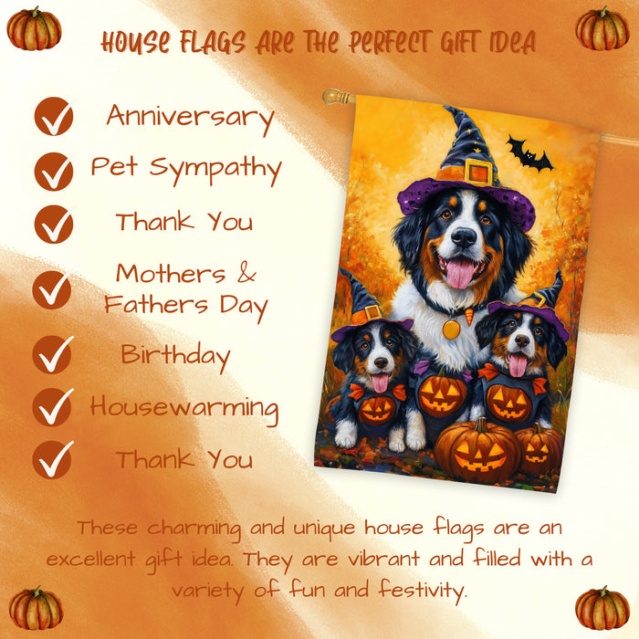 Bernese Mountain Dog Halloween Witch Hat House Flag Fall Pumpkin Yard Decoration Outdoor Farmhouse Porch Decor for Autumn Thanksgiving and Holiday Display