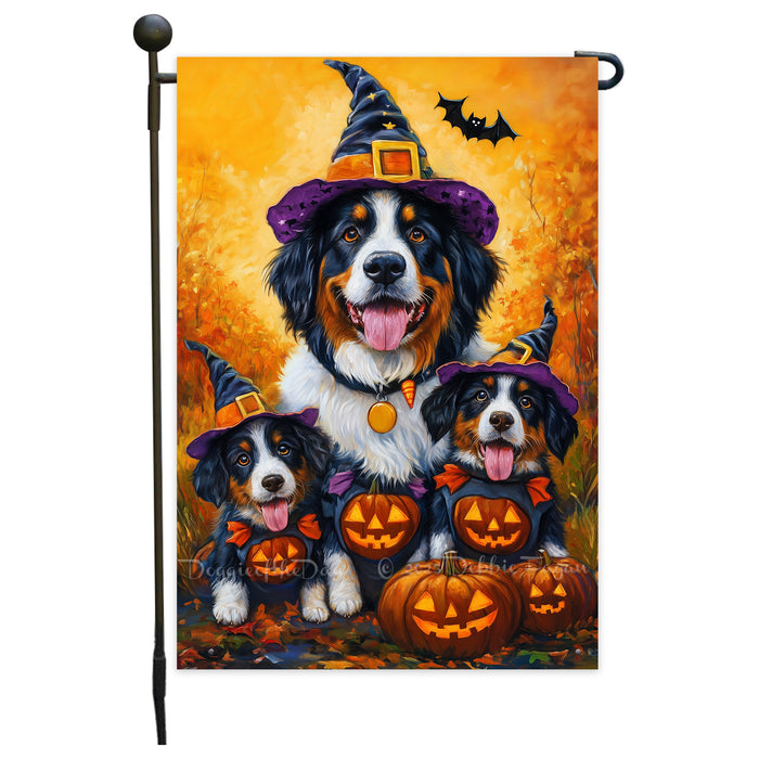 Bernese Mountain Dog Yard Flags Seasonal Thanksgiving Farmhouse Halloween Flag with Witch Hats Pumpkins Garden Flag for Spooky Outdoor Decor