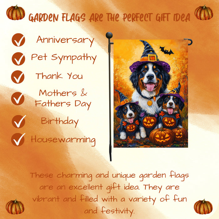 Bernese Mountain Dog Yard Flags Seasonal Thanksgiving Farmhouse Halloween Flag with Witch Hats Pumpkins Garden Flag for Spooky Outdoor Decor