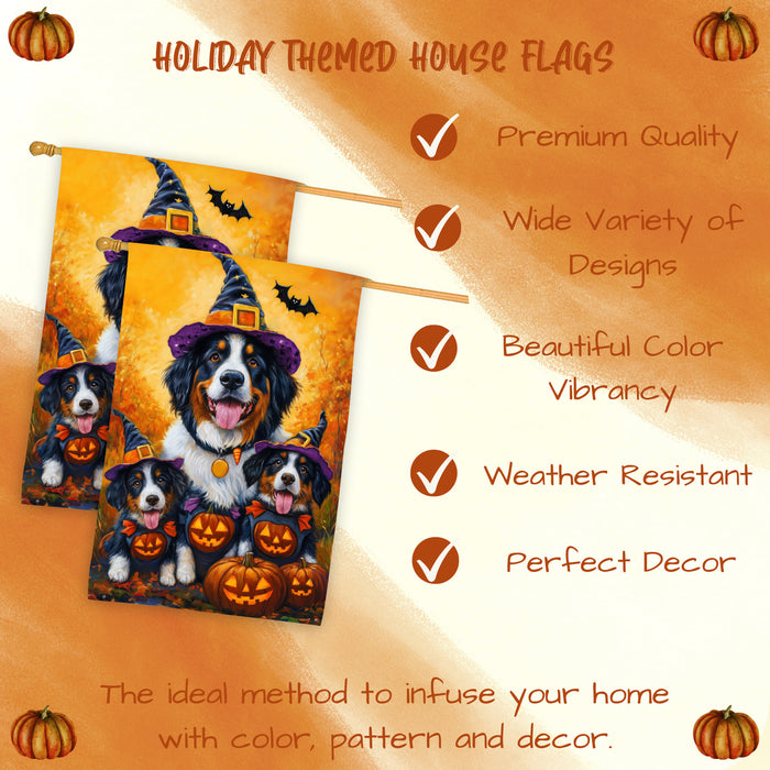 Bernese Mountain Dog Halloween Witch Hat House Flag Fall Pumpkin Yard Decoration Outdoor Farmhouse Porch Decor for Autumn Thanksgiving and Holiday Display