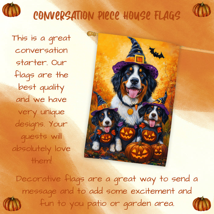 Bernese Mountain Dog Halloween Witch Hat House Flag Fall Pumpkin Yard Decoration Outdoor Farmhouse Porch Decor for Autumn Thanksgiving and Holiday Display