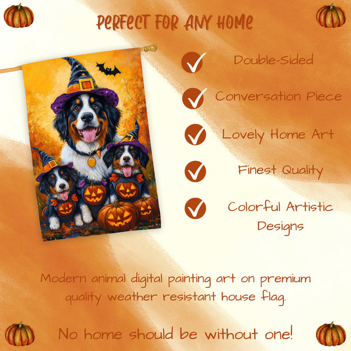 Bernese Mountain Dog Halloween Witch Hat House Flag Fall Pumpkin Yard Decoration Outdoor Farmhouse Porch Decor for Autumn Thanksgiving and Holiday Display