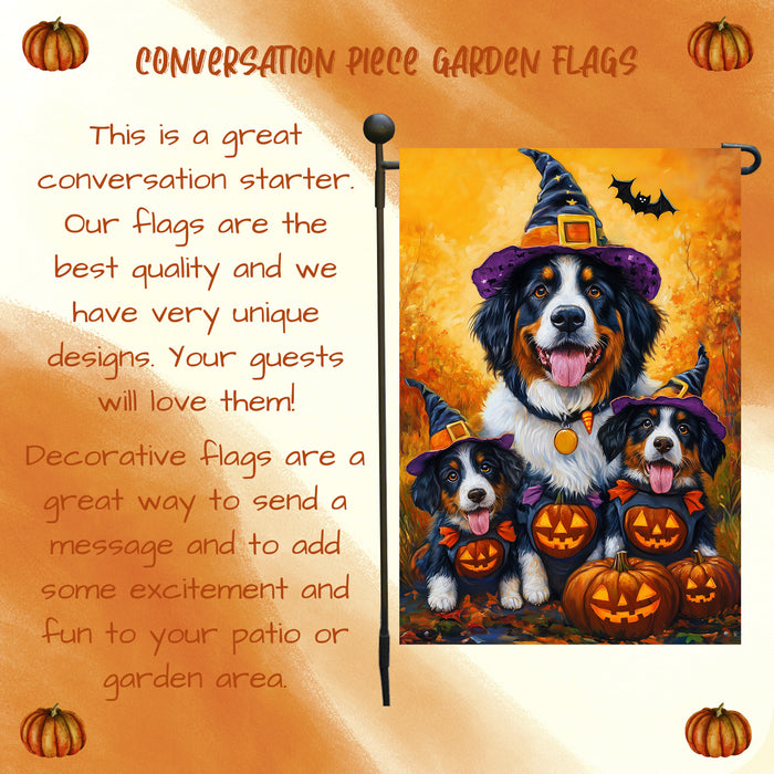 Bernese Mountain Dog Yard Flags Seasonal Thanksgiving Farmhouse Halloween Flag with Witch Hats Pumpkins Garden Flag for Spooky Outdoor Decor