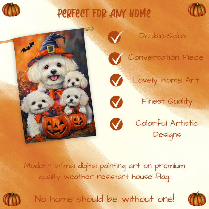 Bichon Frise Dog Halloween Witch Hat House Flag Fall Pumpkin Yard Decoration Outdoor Farmhouse Porch Decor for Autumn Thanksgiving and Holiday Display