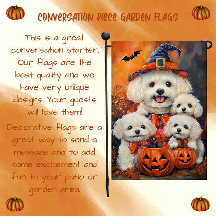 Bichon Frise Dog Halloween Witchy Pumpkin Banner Yard Sign Spooky Dog Garden Flag for Outside Autumn Lawn Yard Banner Welcome Decorations Flag for Holiday