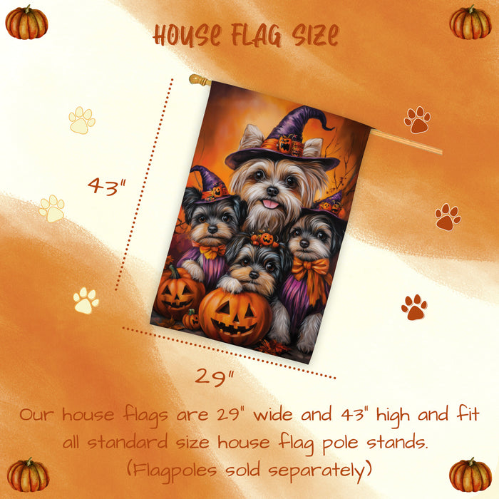 Biewer Terrier Dog Pumpkin Halloween House Flag Fall Forest Yard Decoration Outdoor Farmhouse Porch Decor for Autumn Thanksgiving and Holiday Display