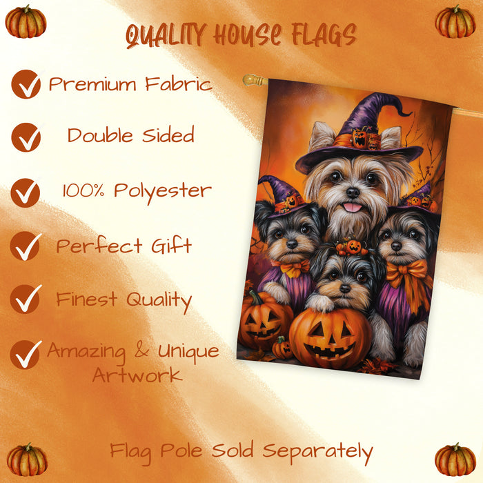 Biewer Terrier Dog Pumpkin Halloween House Flag Fall Forest Yard Decoration Outdoor Farmhouse Porch Decor for Autumn Thanksgiving and Holiday Display