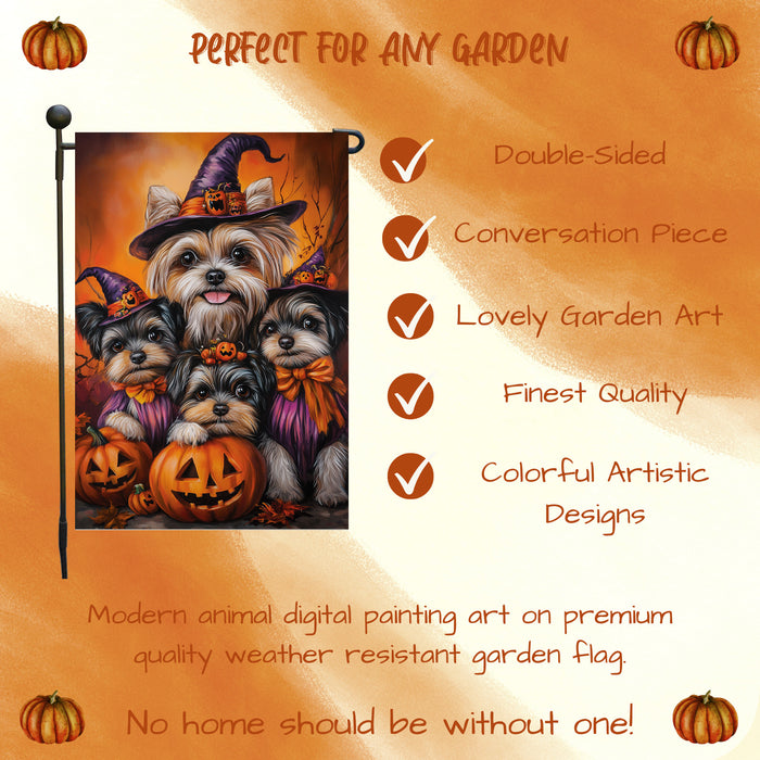 Biewer Terrier Dog Pumpkin Forest Rustic Maple Leaves Garden Flag for Halloween Seasonal Decor for Thanksgiving Spooky Yard Flag for Farmhouse Lawn Decorations