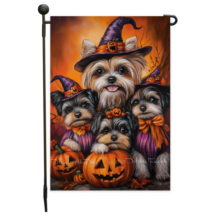 Biewer Terrier Dog Pumpkin Forest Rustic Maple Leaves Garden Flag for Halloween Seasonal Decor for Thanksgiving Spooky Yard Flag for Farmhouse Lawn Decorations