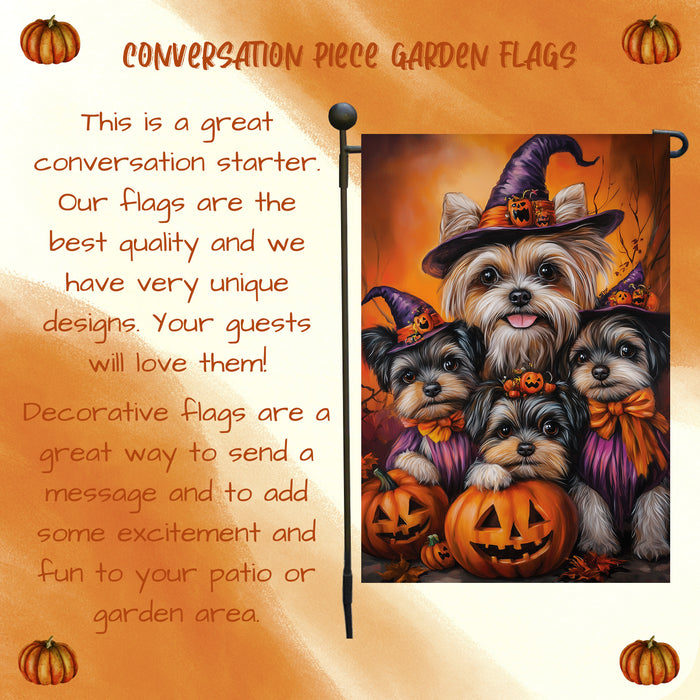 Biewer Terrier Dog Pumpkin Forest Rustic Maple Leaves Garden Flag for Halloween Seasonal Decor for Thanksgiving Spooky Yard Flag for Farmhouse Lawn Decorations
