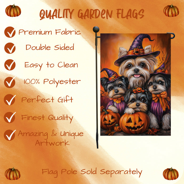Biewer Terrier Dog Pumpkin Forest Rustic Maple Leaves Garden Flag for Halloween Seasonal Decor for Thanksgiving Spooky Yard Flag for Farmhouse Lawn Decorations