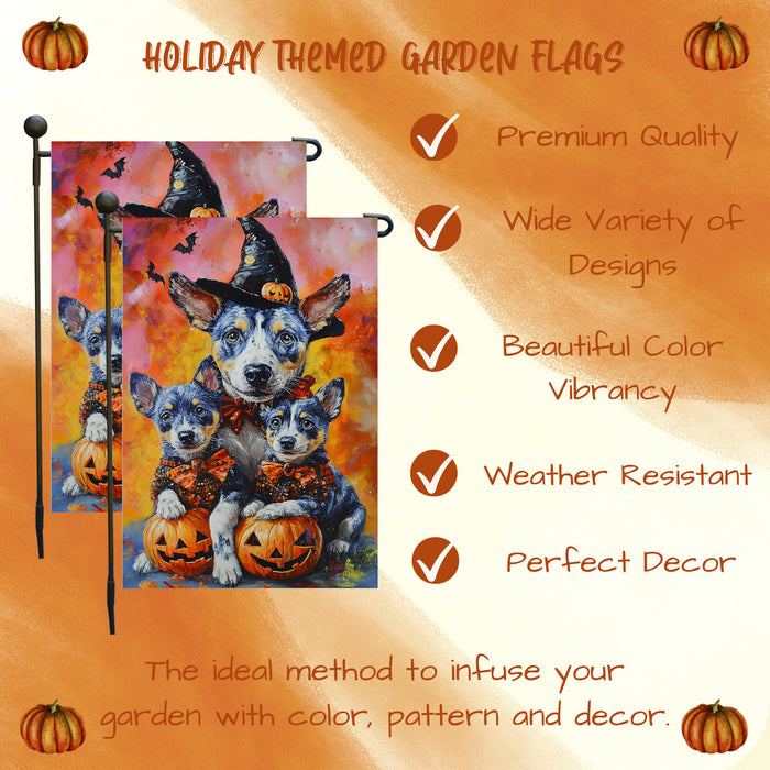Rustic Dog Fall Garden Flag Halloween Blue Heeler Party Banner for Lawn Outdoor Yard Banner Witch Pumpkin Home Yard Flag Autumn Decoration for Garden Pathway