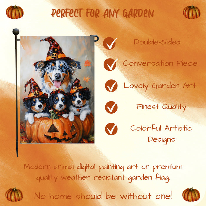 Australian Shepherd Dog Halloween Welcome Yard Flag for Farmhouse Holiday Yard Outdoor Decoration for Fall Pumpkin Garden Banner for Outside Home Lawn Decor