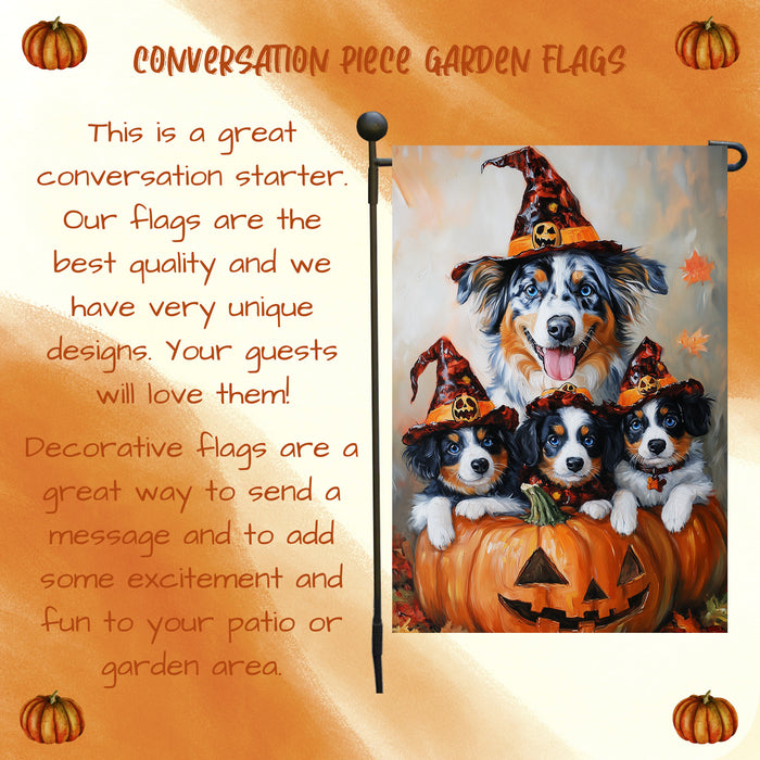 Australian Shepherd Dog Halloween Welcome Yard Flag for Farmhouse Holiday Yard Outdoor Decoration for Fall Pumpkin Garden Banner for Outside Home Lawn Decor